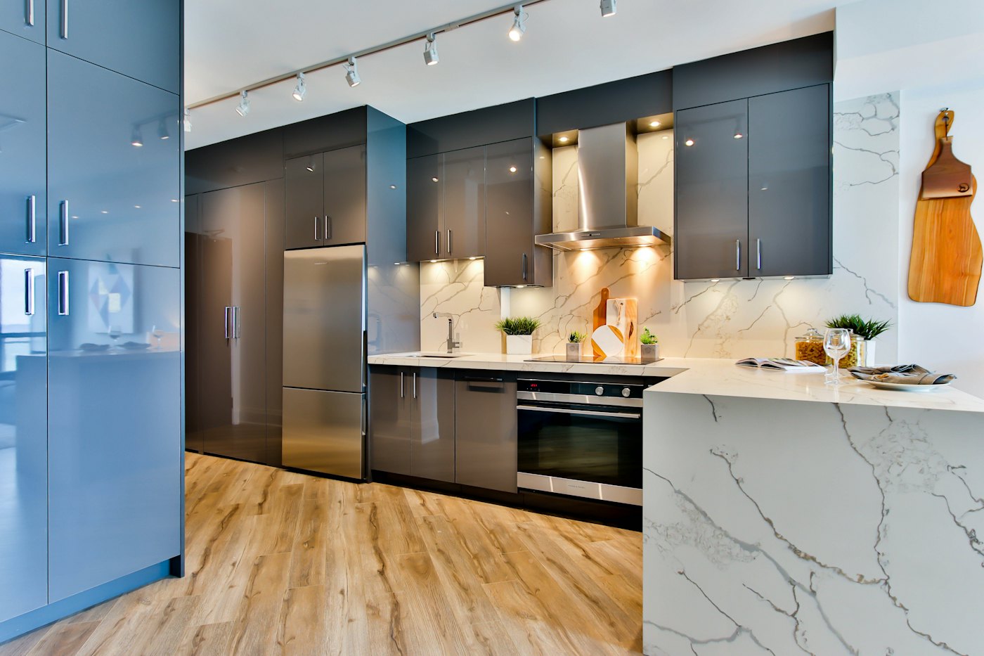 Modern kitchen with built-in stainless steel appliances